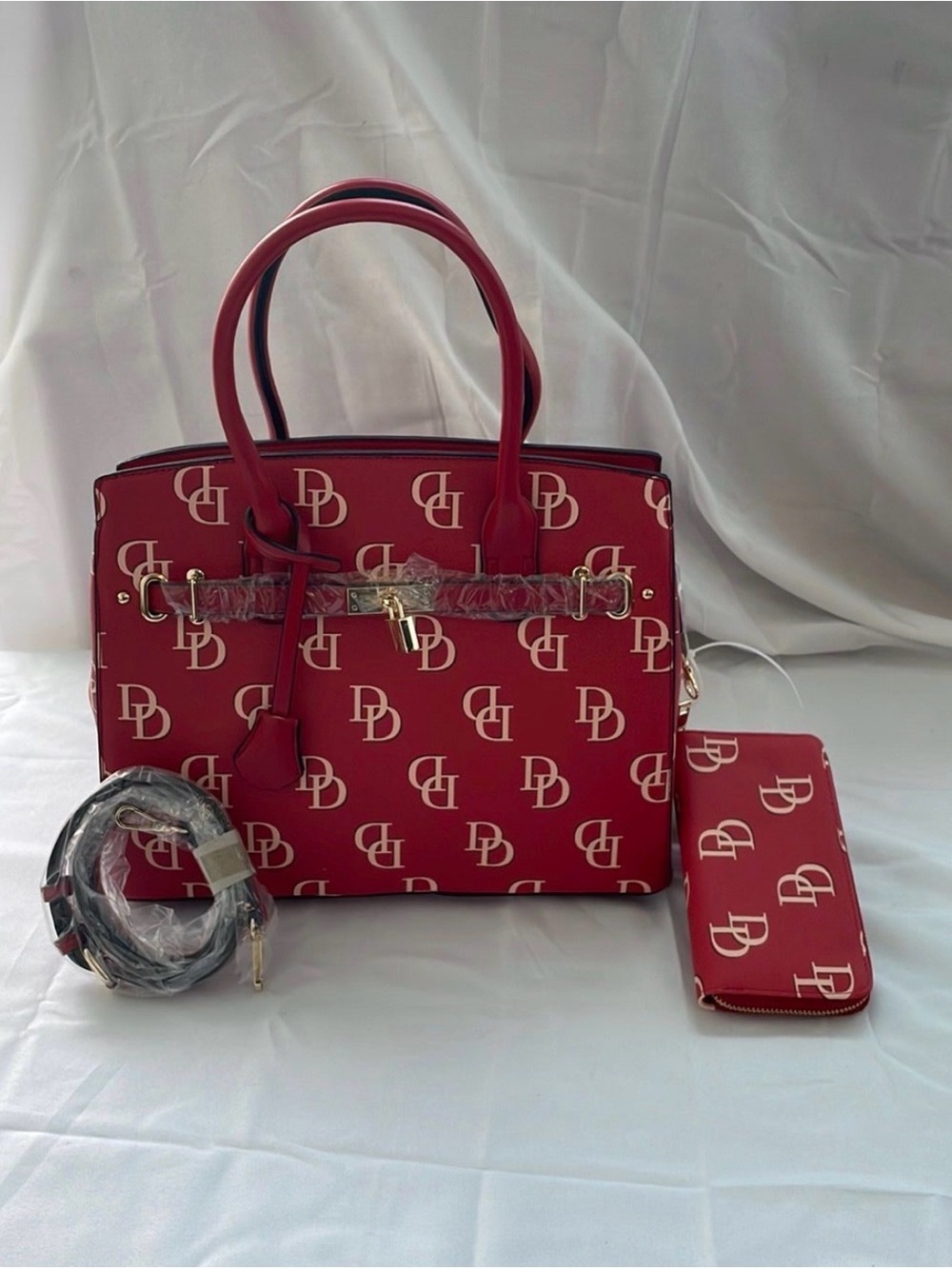 Red Logo-Print Satchel Handbag with Wallet